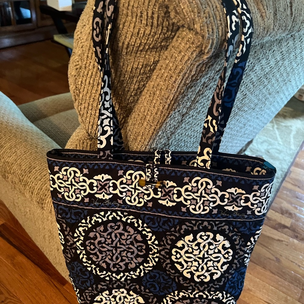 Vera Bradley Black and White Quilted Tote Bag with Medallion Pattern
